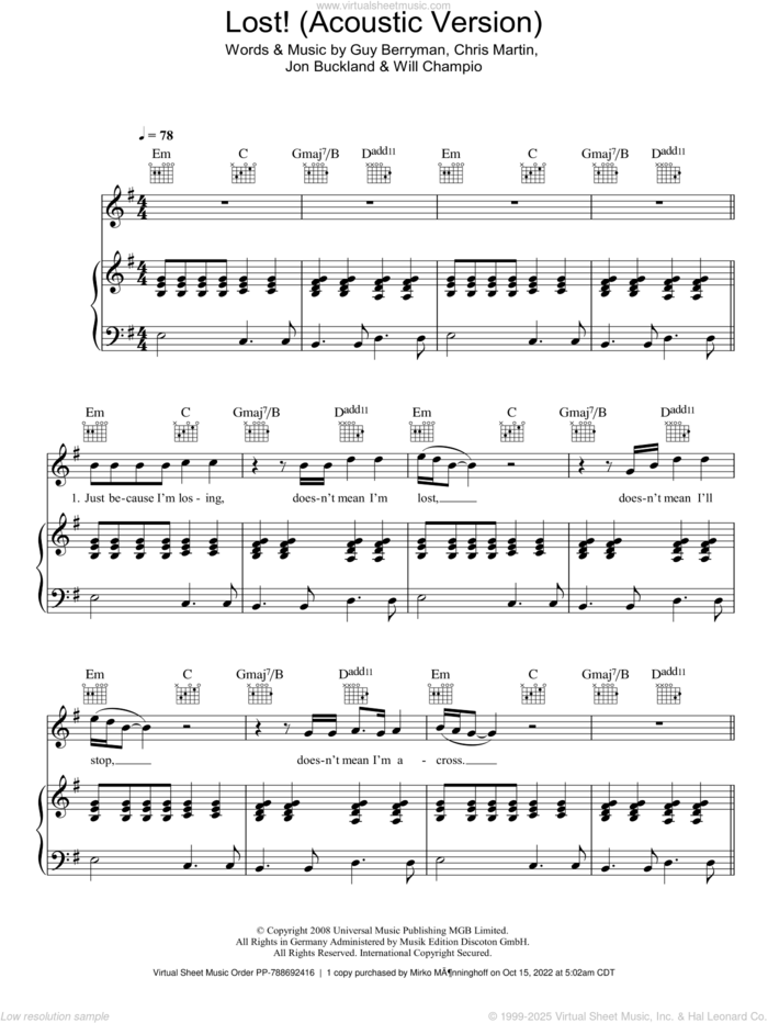 Lost! (Acoustic Version) sheet music for voice, piano or guitar by Coldplay, Chris Martin, Guy Berryman, Jon Buckland and Will Champion, intermediate skill level