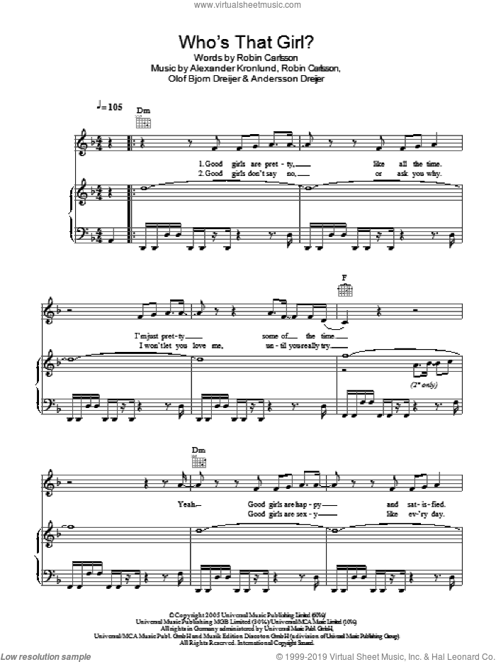 Who's That Girl sheet music for voice, piano or guitar by Robyn, Alexander Kronlund, Andersson Dreijer, Olof Bjorn Dreijer and Robin Carlsson, intermediate skill level