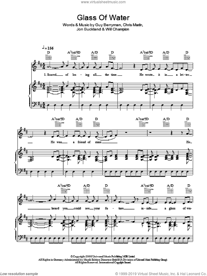 Glass Of Water sheet music for voice, piano or guitar by Coldplay, Chris Martin, Guy Berryman, Jon Buckland and Will Champion, intermediate skill level