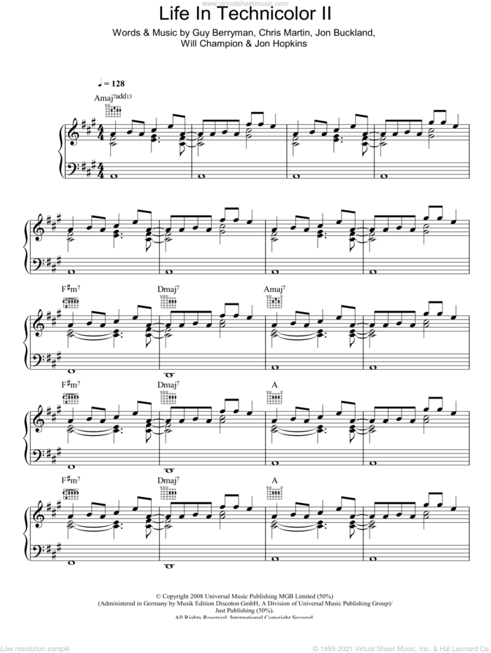 Life In Technicolor II sheet music for voice, piano or guitar by Coldplay, Chris Martin, Guy Berryman, Jon Buckland, Jon Hopkins and Will Champion, intermediate skill level
