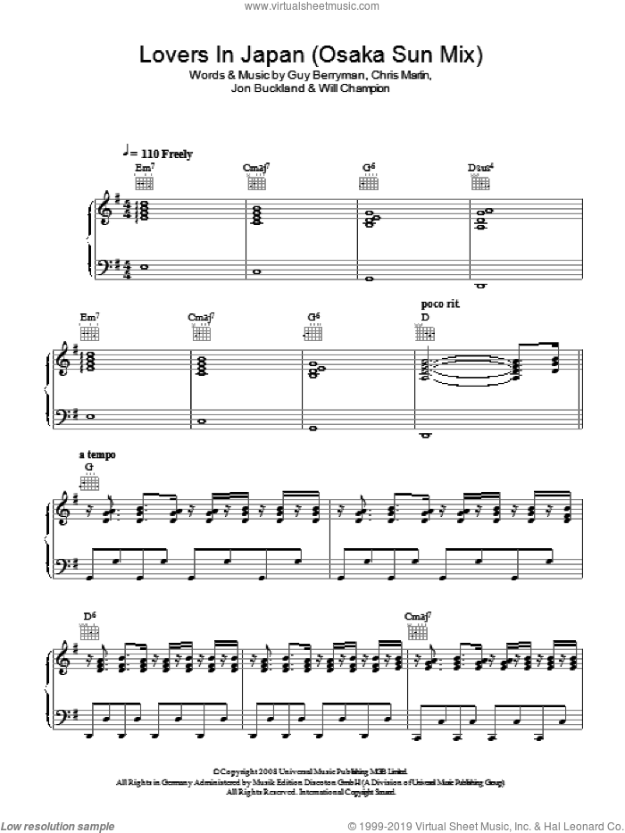 Lovers In Japan (Osaka Sun Mix) sheet music for voice, piano or guitar by Coldplay, Chris Martin, Guy Berryman, Jon Buckland and Will Champion, intermediate skill level