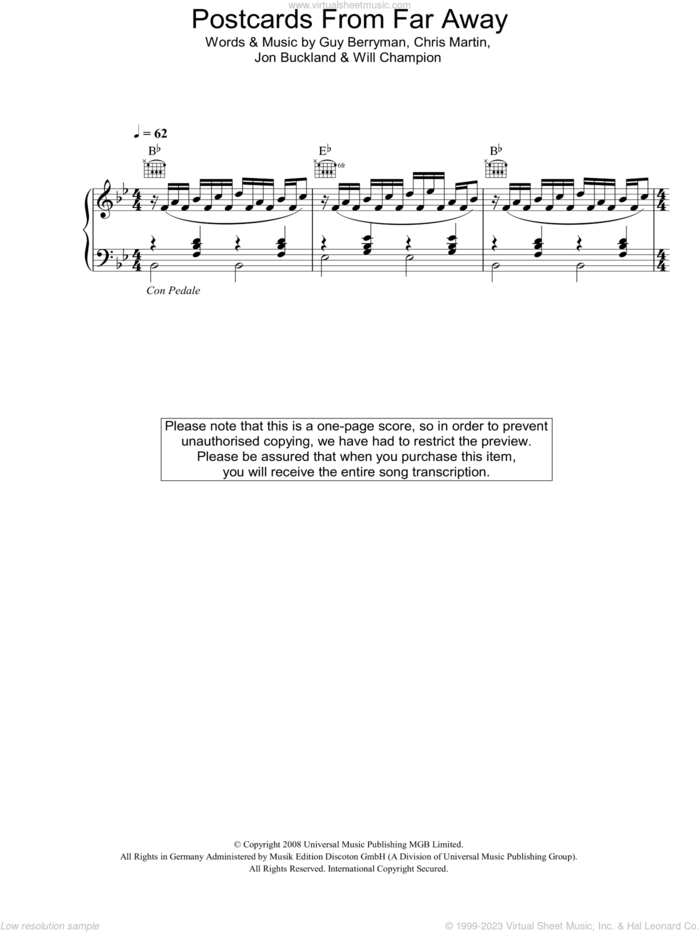Postcards From Far Away sheet music for voice, piano or guitar by Coldplay, Chris Martin, Guy Berryman, Jon Buckland and Will Champion, intermediate skill level