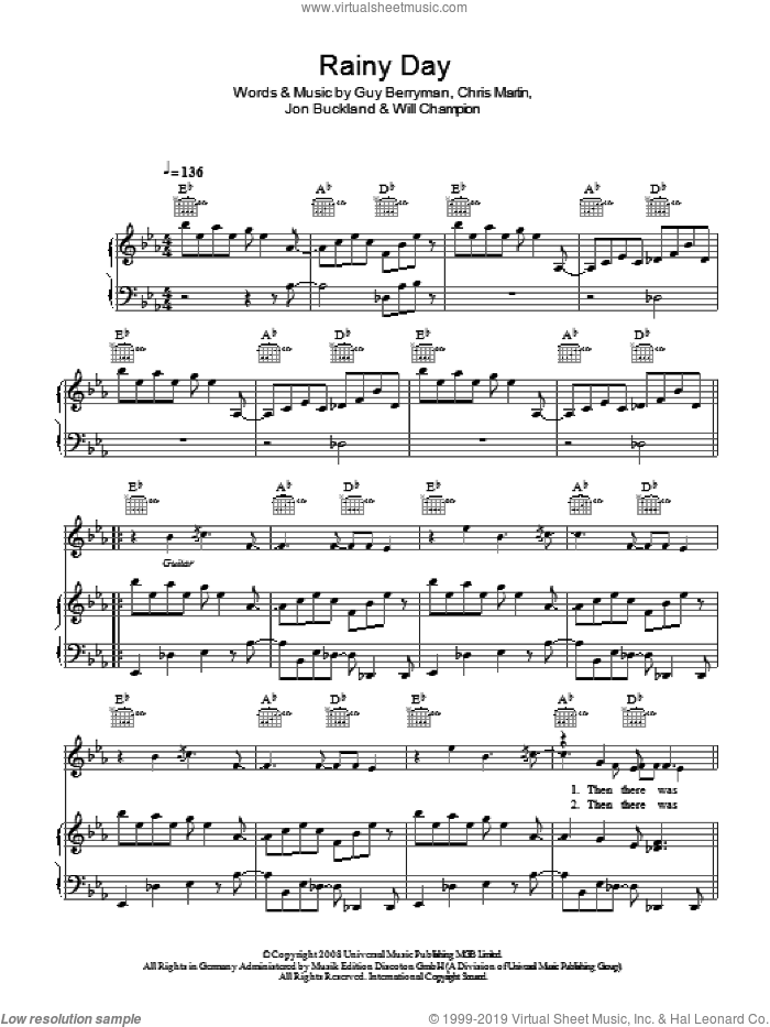 Rainy Day sheet music for voice, piano or guitar by Coldplay, Chris Martin, Guy Berryman, Jon Buckland and Will Champion, intermediate skill level
