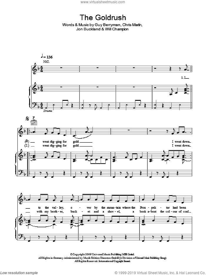 The Goldrush sheet music for voice, piano or guitar by Coldplay, Chris Martin, Guy Berryman, Jon Buckland and Will Champion, intermediate skill level