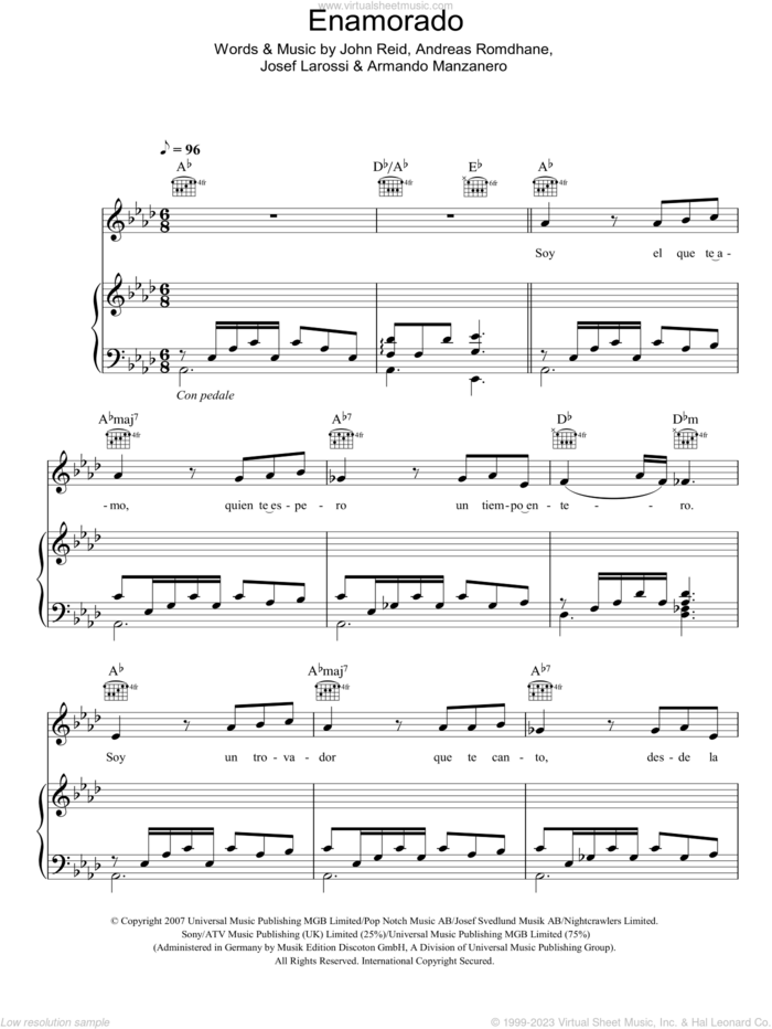 Enamorado sheet music for voice, piano or guitar by Il Divo, Andreas Romdhane, Armando Manzanero, John Reid and Josef Larossi, intermediate skill level