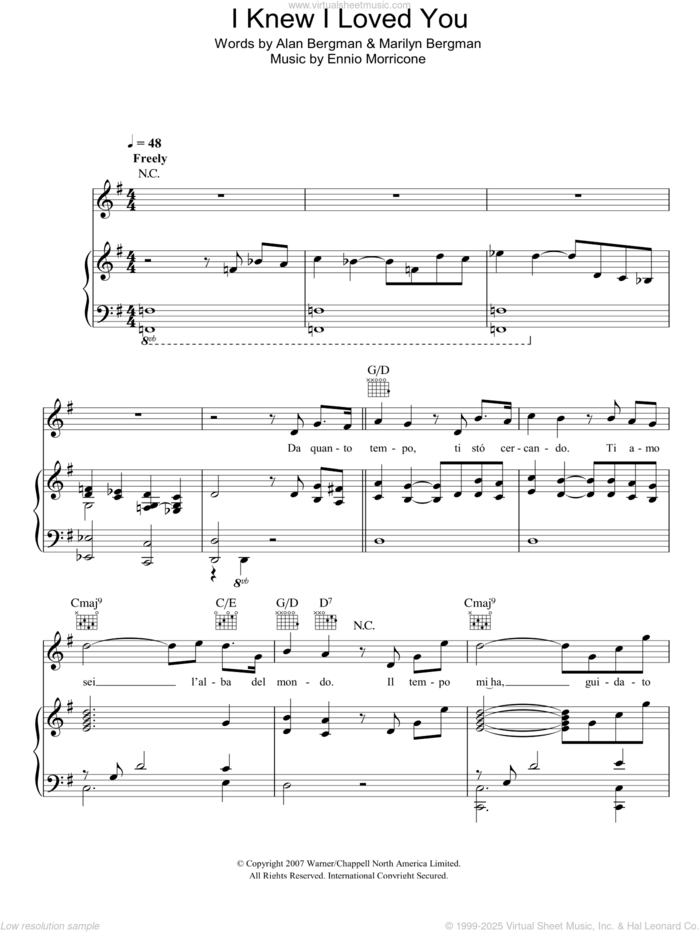 I Knew I Loved You (L'Alba Del Mondo) sheet music for voice, piano or guitar by Il Divo, Ennio Morricone, Alan Bergman and Marilyn Bergman, intermediate skill level