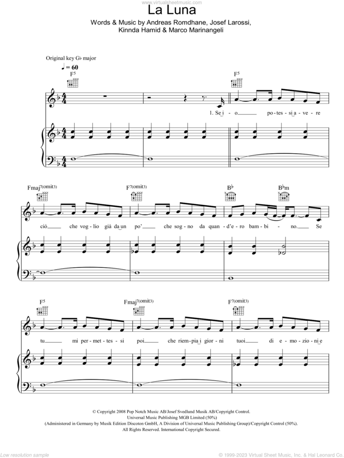 La Luna sheet music for voice, piano or guitar by Il Divo, Andreas Romdhane, Josef Larossi, Kinnda Hamid and Marco Marinangeli, intermediate skill level