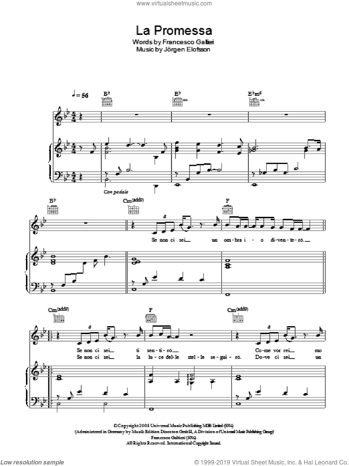 La Promessa sheet music for voice, piano or guitar by Il Divo, Jorgen Elofsson and Francesco Galtieri, intermediate skill level