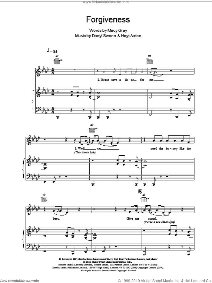 Forgiveness sheet music for voice, piano or guitar by Macy Gray, intermediate skill level