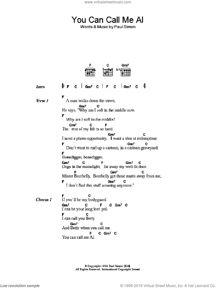 You Can Call Me Al sheet music for guitar (chords) by Paul Simon, intermediate skill level
