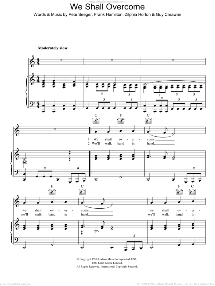 We Shall Overcome sheet music for voice, piano or guitar by Pete Seeger, Joan Baez, Frank Hamilton, Guy Carawan and Zilphia Horton, intermediate skill level