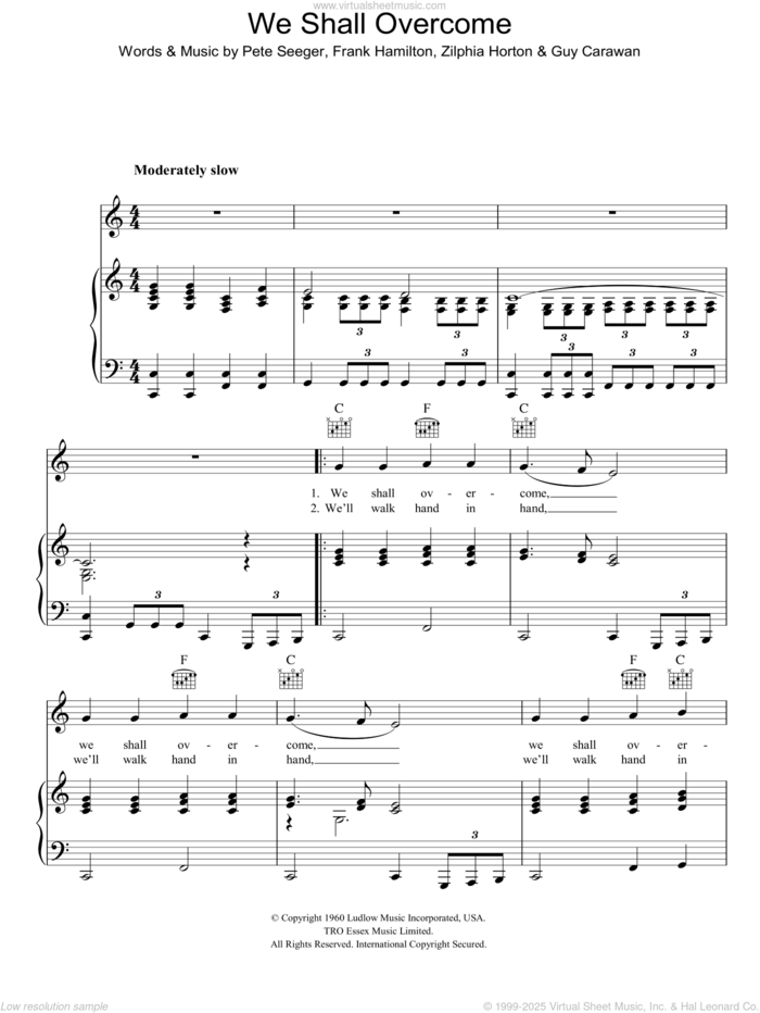 We Shall Overcome sheet music for voice, piano or guitar by Pete Seeger, Joan Baez, Frank Hamilton, Guy Carawan and Zilphia Horton, intermediate skill level