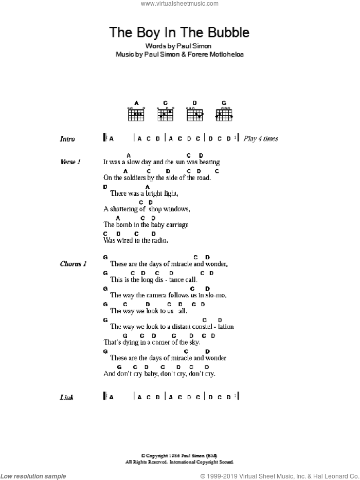 The Boy In The Bubble sheet music for guitar (chords) by Paul Simon and Forere Motloheloa, intermediate skill level