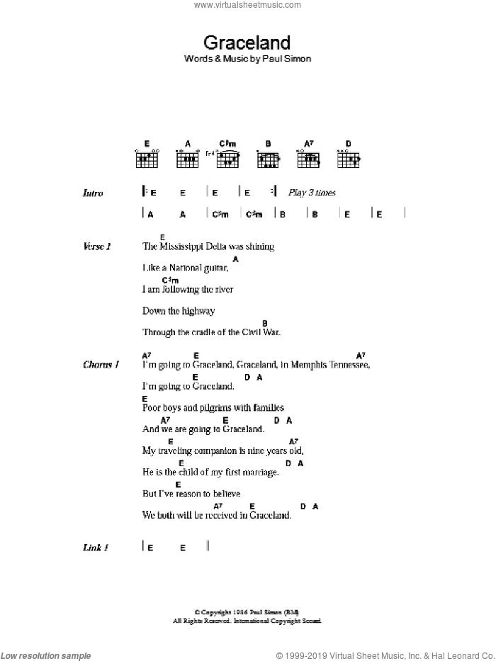 Graceland sheet music for guitar (chords) by Paul Simon, intermediate skill level