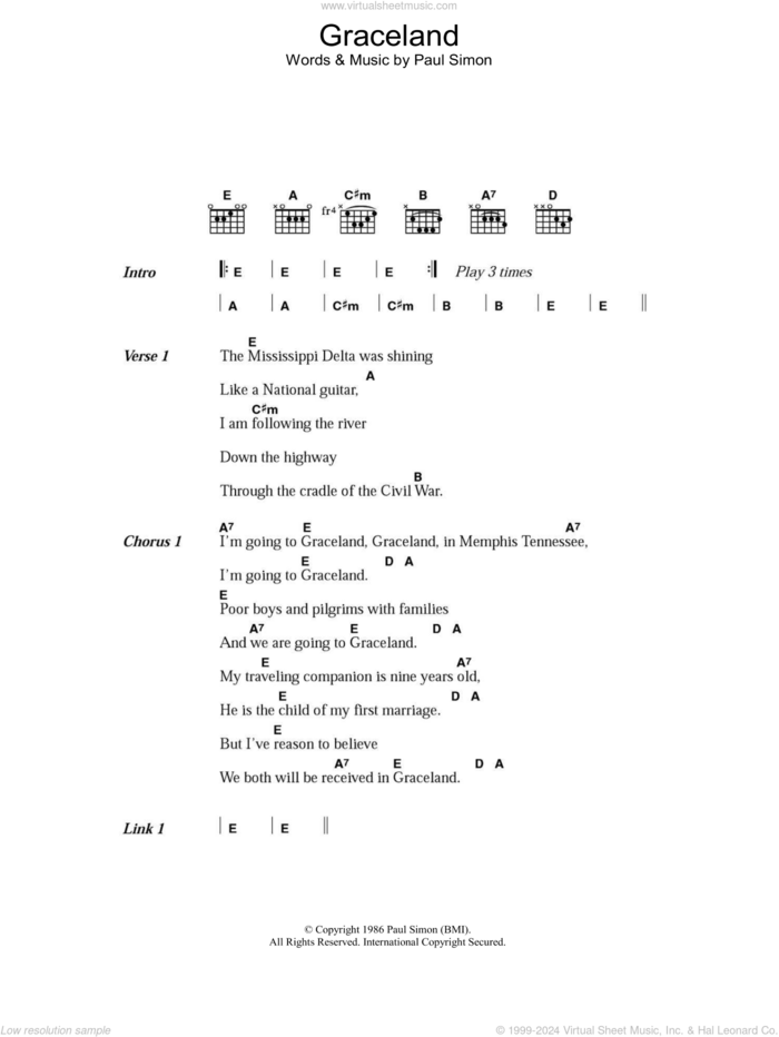 Graceland sheet music for guitar (chords) by Paul Simon, intermediate skill level