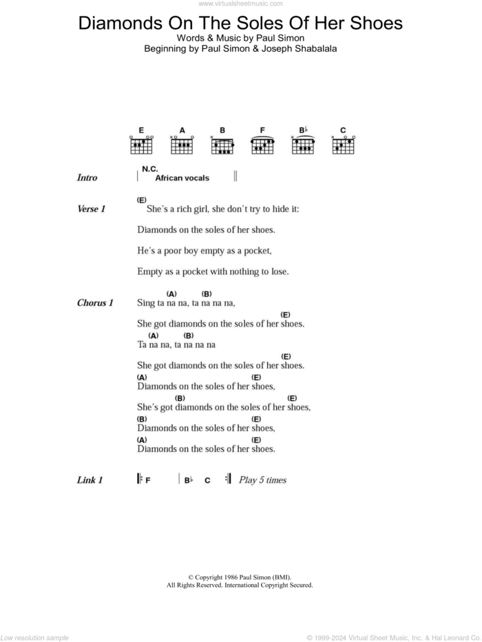 Diamonds On The Soles Of Her Shoes sheet music for guitar (chords) by Paul Simon, intermediate skill level