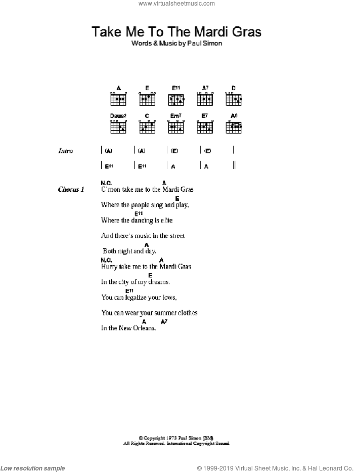 Take Me To The Mardi Gras sheet music for guitar (chords) by Paul Simon, intermediate skill level