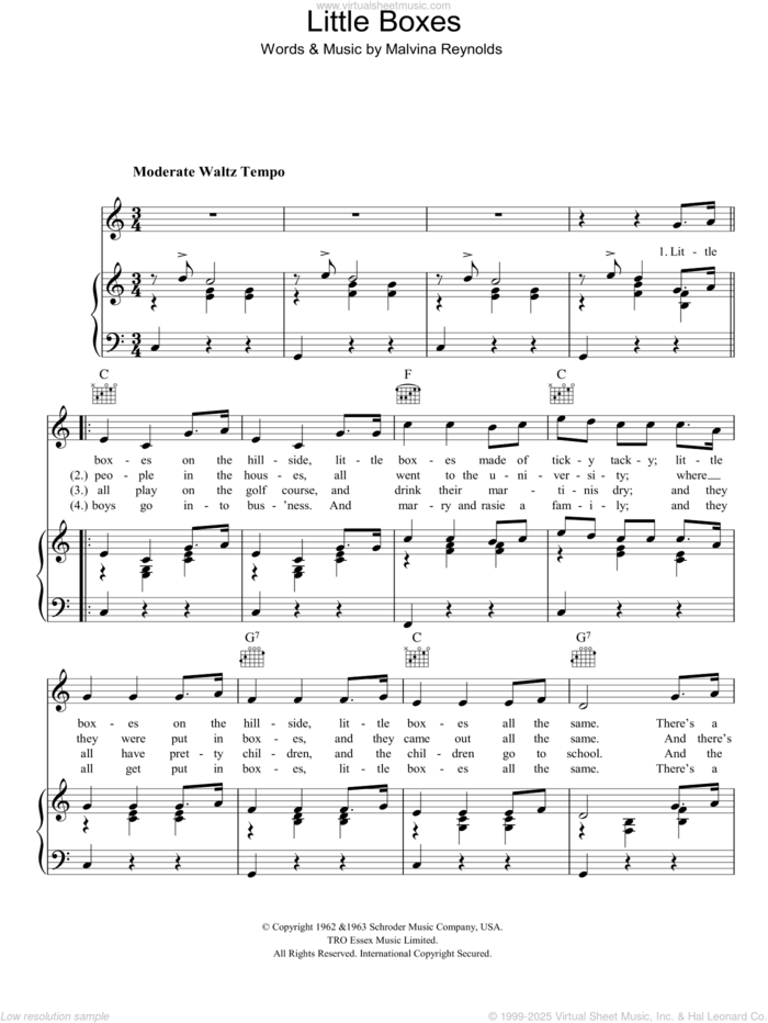 Little Boxes sheet music for voice, piano or guitar by Pete Seeger and Malvina Reynolds, intermediate skill level