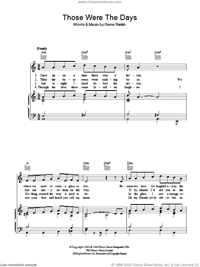 Those Were The Days sheet music for voice, piano or guitar by Mary Hopkin and Gene Raskin, intermediate skill level
