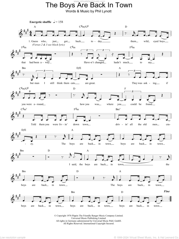 The Boys Are Back In Town sheet music for voice and other instruments (fake book) by Thin Lizzy and Phil Lynott, intermediate skill level