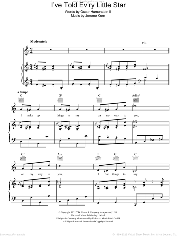 I've Told Ev'ry Little Star sheet music for voice, piano or guitar by Mary Ellis, Jerome Kern and Oscar Hammerstein, intermediate skill level