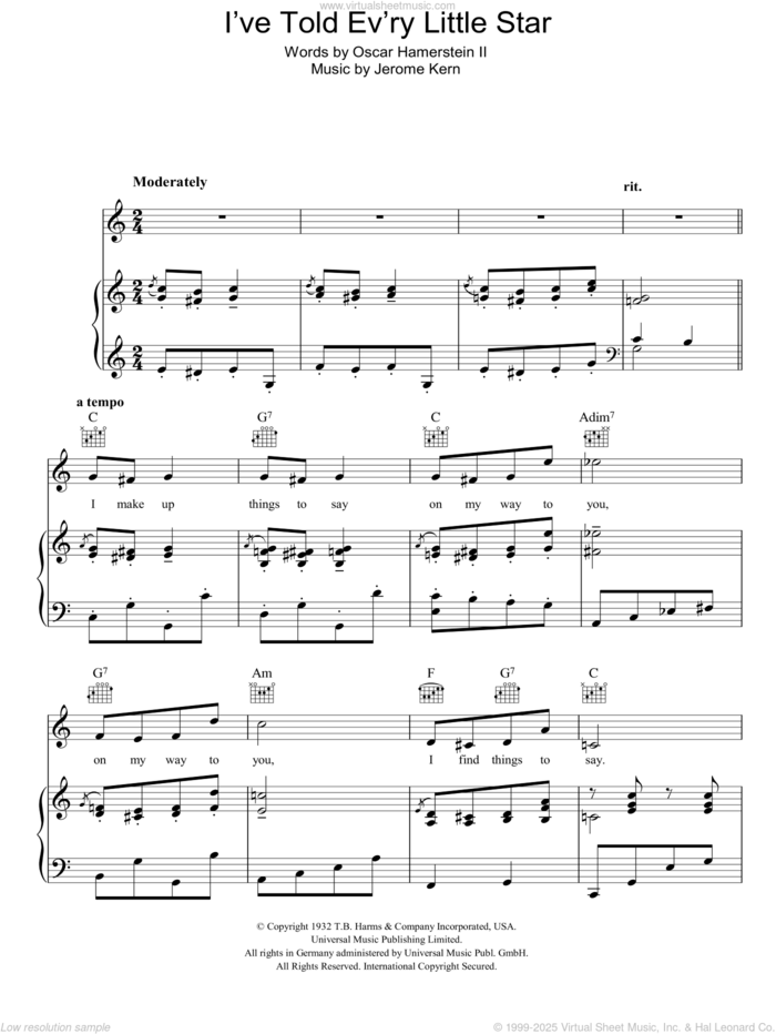 I've Told Ev'ry Little Star sheet music for voice, piano or guitar by Mary Ellis, Jerome Kern and Oscar Hammerstein, intermediate skill level