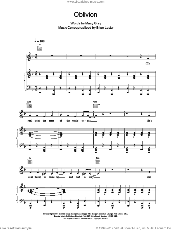 Oblivion sheet music for voice, piano or guitar by Macy Gray, intermediate skill level