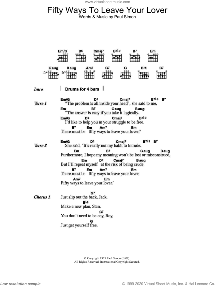 Fifty Ways To Leave Your Lover sheet music for guitar (chords) by Paul Simon, intermediate skill level