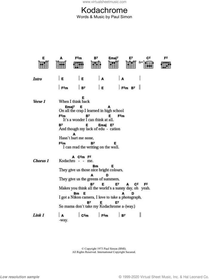 Kodachrome sheet music for guitar (chords) by Paul Simon, intermediate skill level