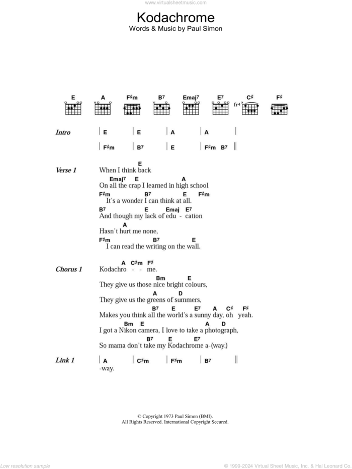 Kodachrome sheet music for guitar (chords) by Paul Simon, intermediate skill level