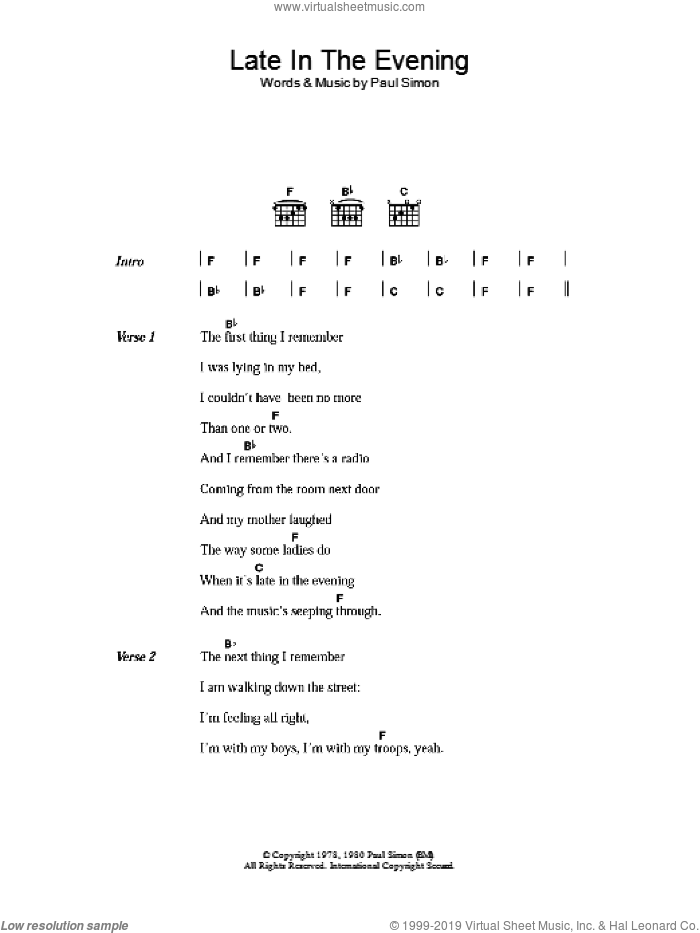 Late In The Evening sheet music for guitar (chords) by Paul Simon, intermediate skill level