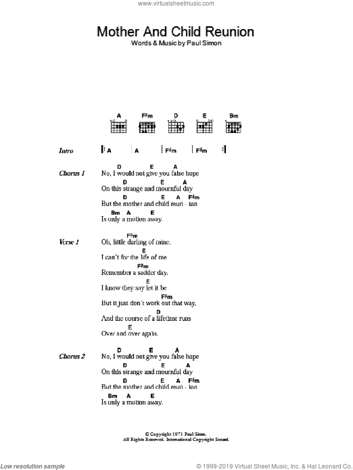 Mother And Child Reunion sheet music for guitar (chords) by Paul Simon, intermediate skill level