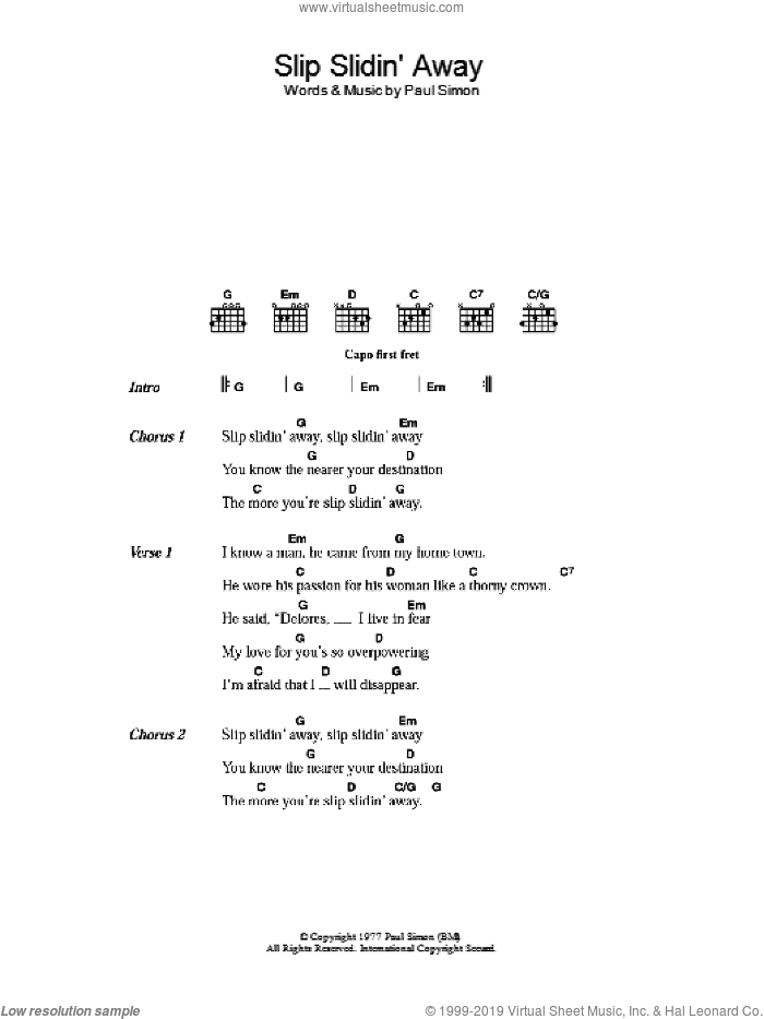 Slip Slidin' Away sheet music for guitar (chords) by Paul Simon, intermediate skill level