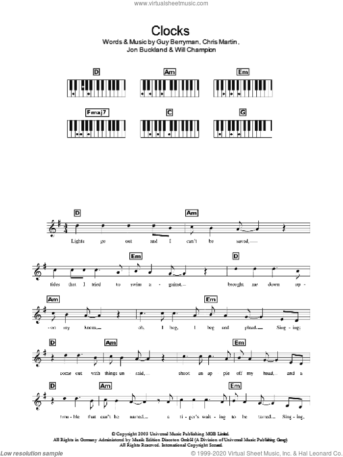 Clocks sheet music for voice and other instruments (fake book) by Coldplay, Chris Martin, Guy Berryman, Jon Buckland and Will Champion, intermediate skill level