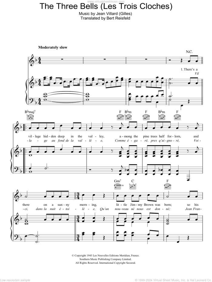 The Three Bells (Les Trois Cloches) sheet music for voice, piano or guitar by Edith Piaf, Jean Villard and Bert Reisfeld, intermediate skill level