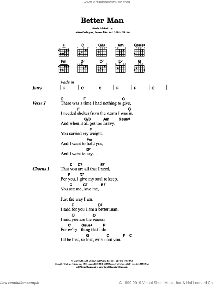 Better Man sheet music for guitar (chords) by James Morrison, Julian Gallagher and Kimberly Richey, intermediate skill level