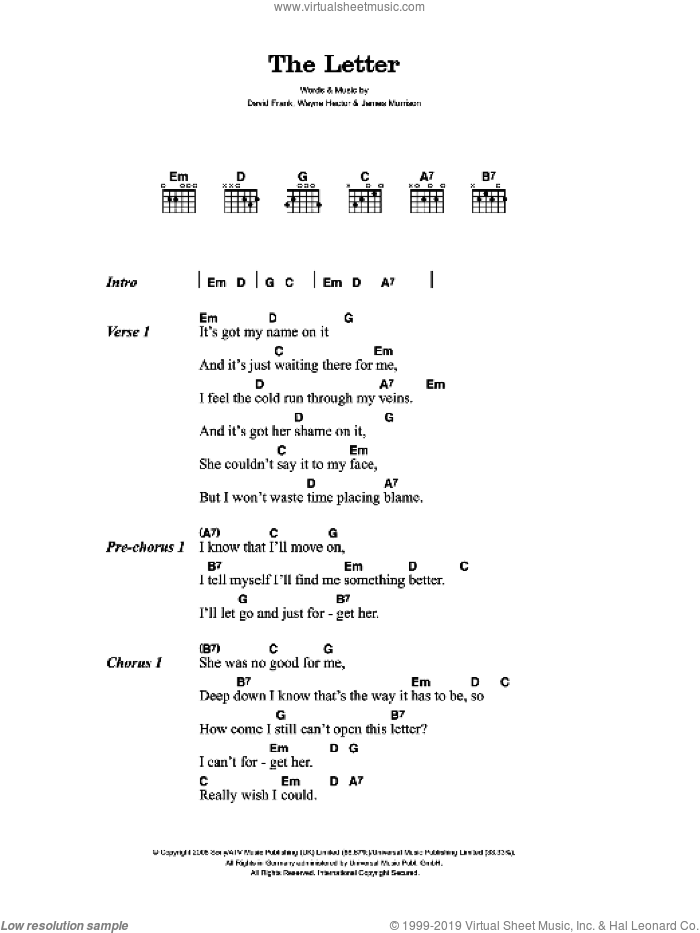 The Letter sheet music for guitar (chords) by James Morrison, David Frank and Wayne Hector, intermediate skill level