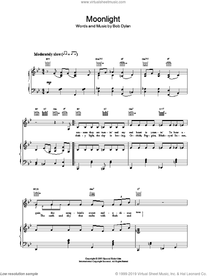 Moonlight sheet music for voice, piano or guitar by Bob Dylan, intermediate skill level