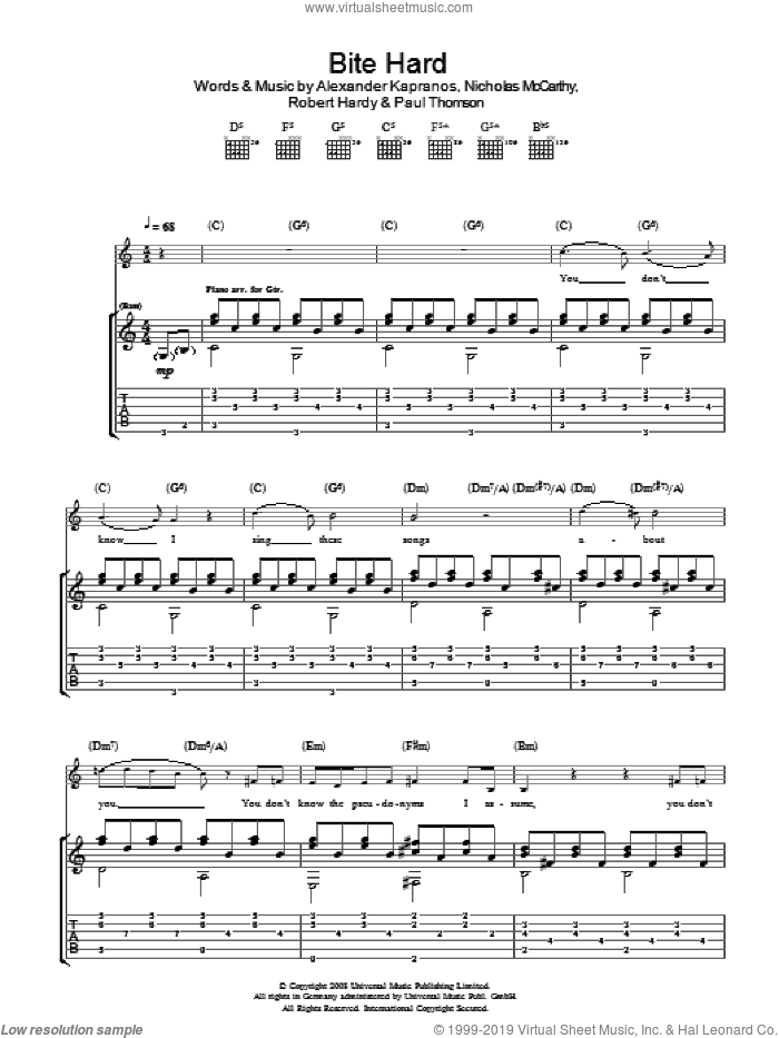 Bite Hard sheet music for guitar (tablature) by Franz Ferdinand, Alexander Kapranos, Nicholas McCarthy, Paul Thomson and Robert Hardy, intermediate skill level