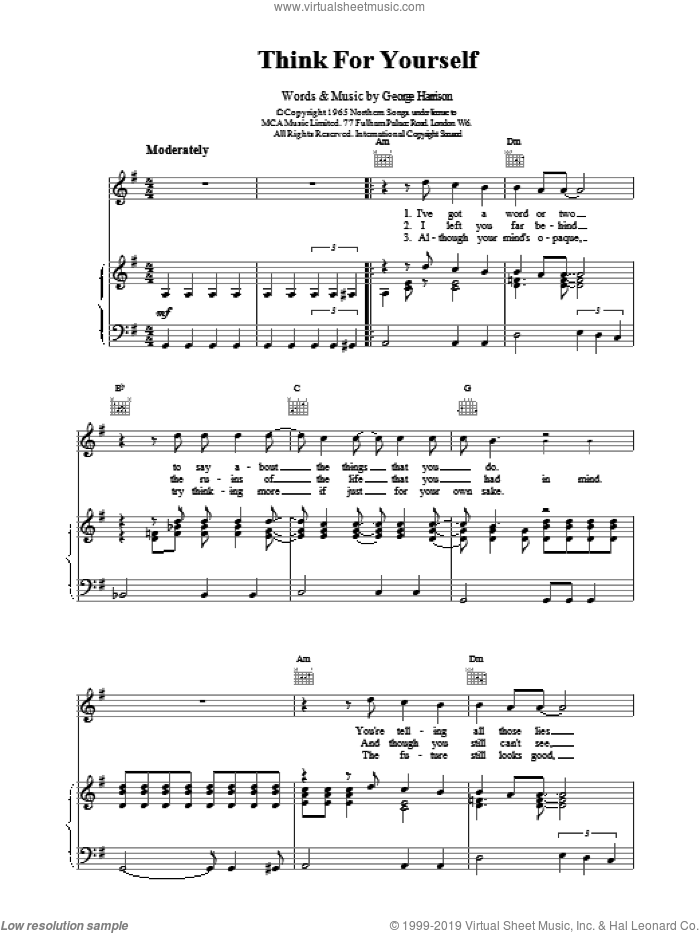 Think For Yourself sheet music for voice, piano or guitar by The Beatles, intermediate skill level