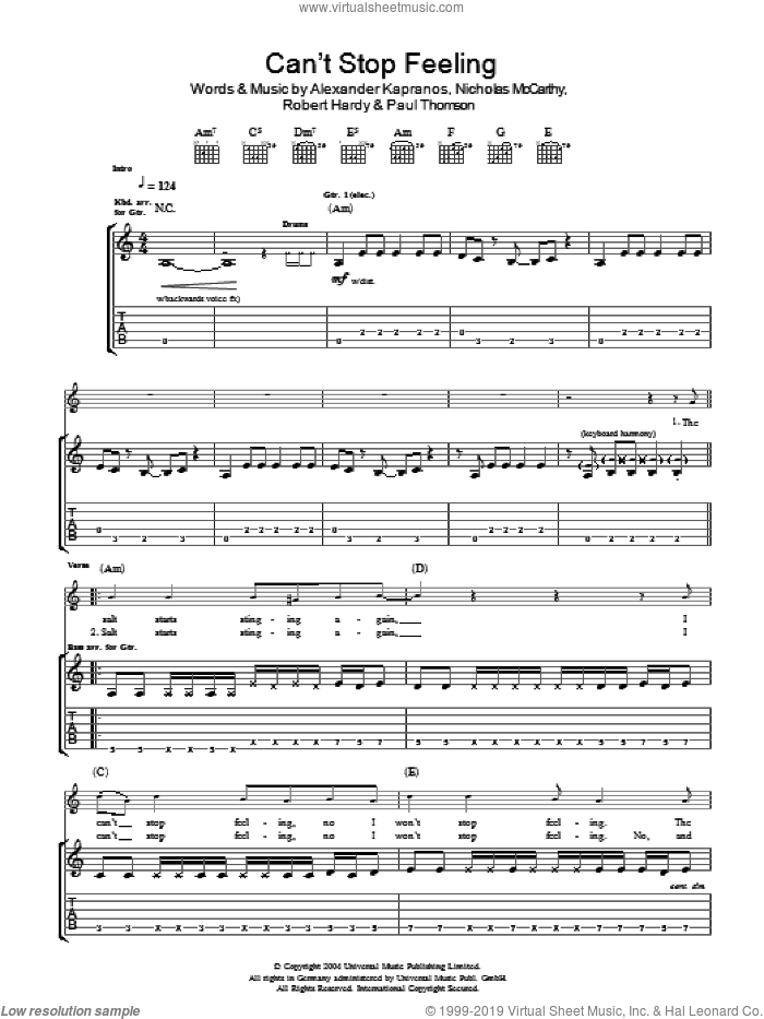Can't Stop Feeling sheet music for guitar (tablature) by Franz Ferdinand, Alexander Kapranos, Nicholas McCarthy, Paul Thomson and Robert Hardy, intermediate skill level