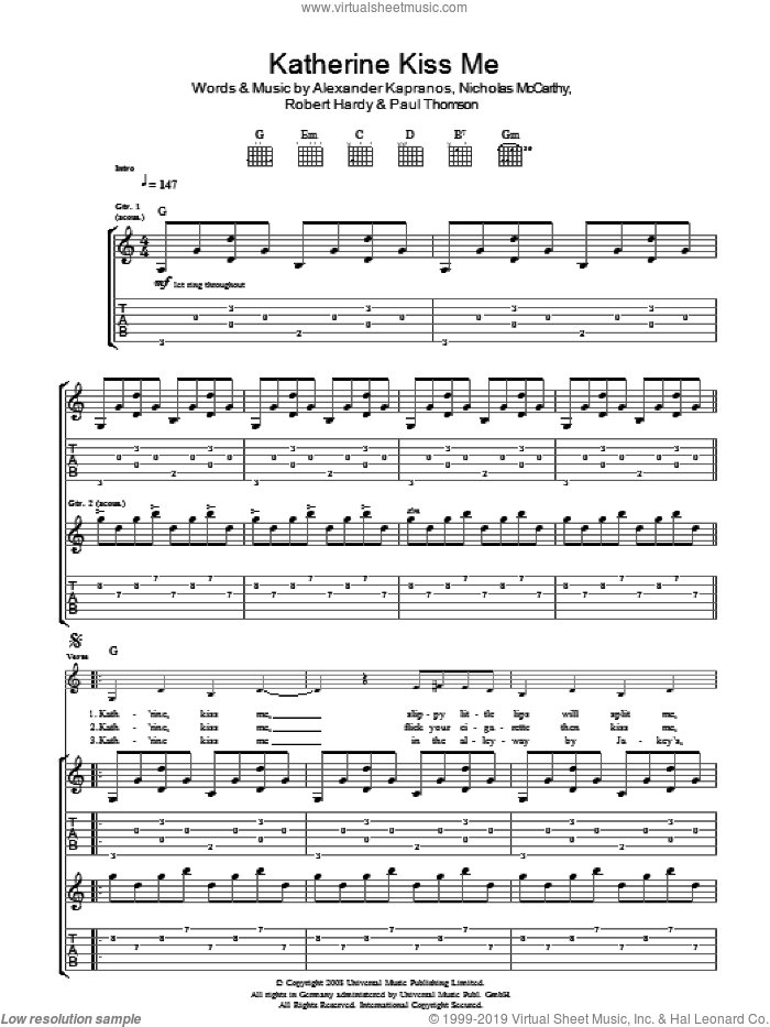 Katherine Kiss Me sheet music for guitar (tablature) by Franz Ferdinand, Alexander Kapranos, Nicholas McCarthy, Paul Thomson and Robert Hardy, intermediate skill level