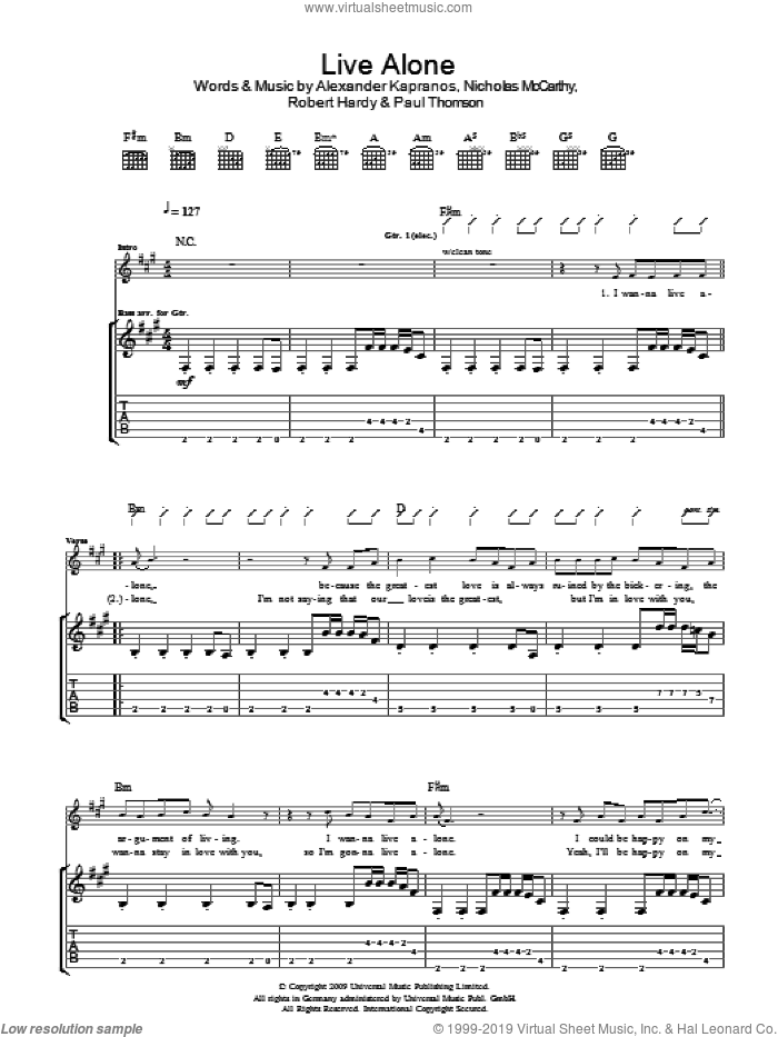Live Alone sheet music for guitar (tablature) by Franz Ferdinand, Alexander Kapranos, Nicholas McCarthy, Paul Thomson and Robert Hardy, intermediate skill level