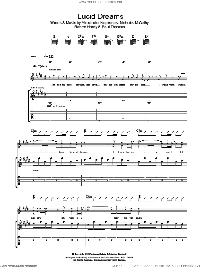 Lucid Dreams sheet music for guitar (tablature) by Franz Ferdinand, Alexander Kapranos, Nicholas McCarthy, Paul Thomson and Robert Hardy, intermediate skill level