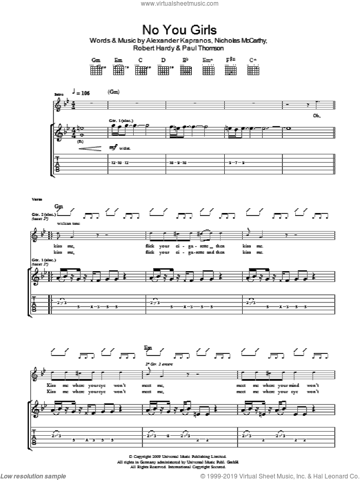 No You Girls sheet music for guitar (tablature) by Franz Ferdinand, Alexander Kapranos, Nicholas McCarthy, Paul Thomson and Robert Hardy, intermediate skill level
