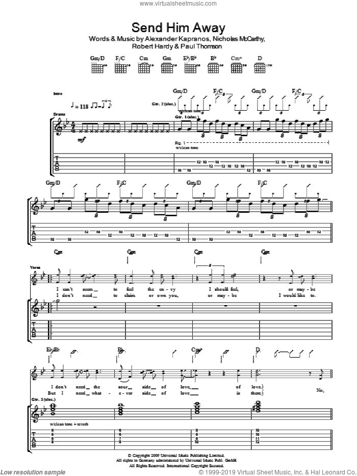 Send Him Away sheet music for guitar (tablature) by Franz Ferdinand, Alexander Kapranos, Nicholas McCarthy, Paul Thomson and Robert Hardy, intermediate skill level