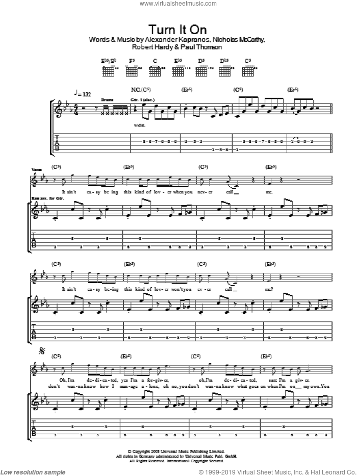 Turn It On sheet music for guitar (tablature) by Franz Ferdinand, Alexander Kapranos, Nicholas McCarthy, Paul Thomson and Robert Hardy, intermediate skill level