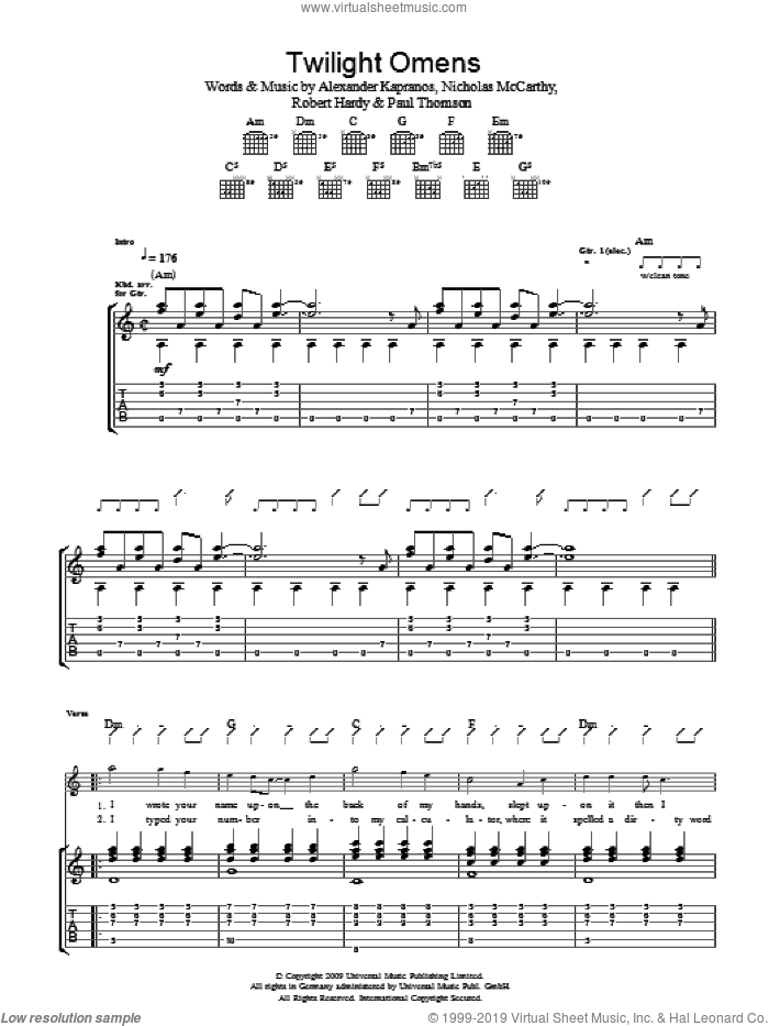 Twilight Omens sheet music for guitar (tablature) by Franz Ferdinand, Alexander Kapranos, Nicholas McCarthy, Paul Thomson and Robert Hardy, intermediate skill level