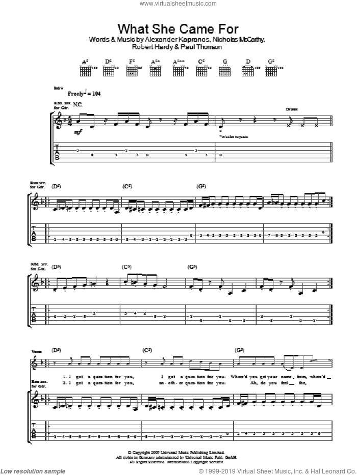 What She Came For sheet music for guitar (tablature) by Franz Ferdinand, Alexander Kapranos, Nicholas McCarthy, Paul Thomson and Robert Hardy, intermediate skill level