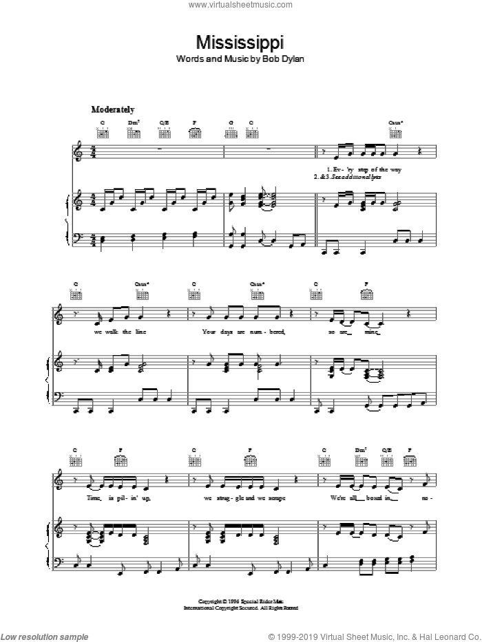 Mississippi sheet music for voice, piano or guitar by Bob Dylan, intermediate skill level